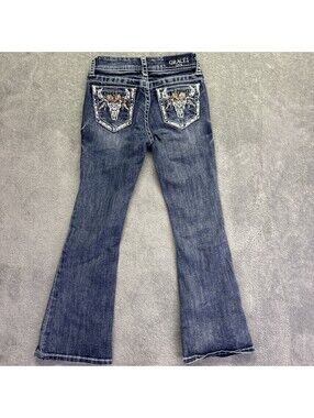 Grace Girls Bootcut Jeans Size 7 Blue Denim Medium Wash Embroidered Bull Pockets